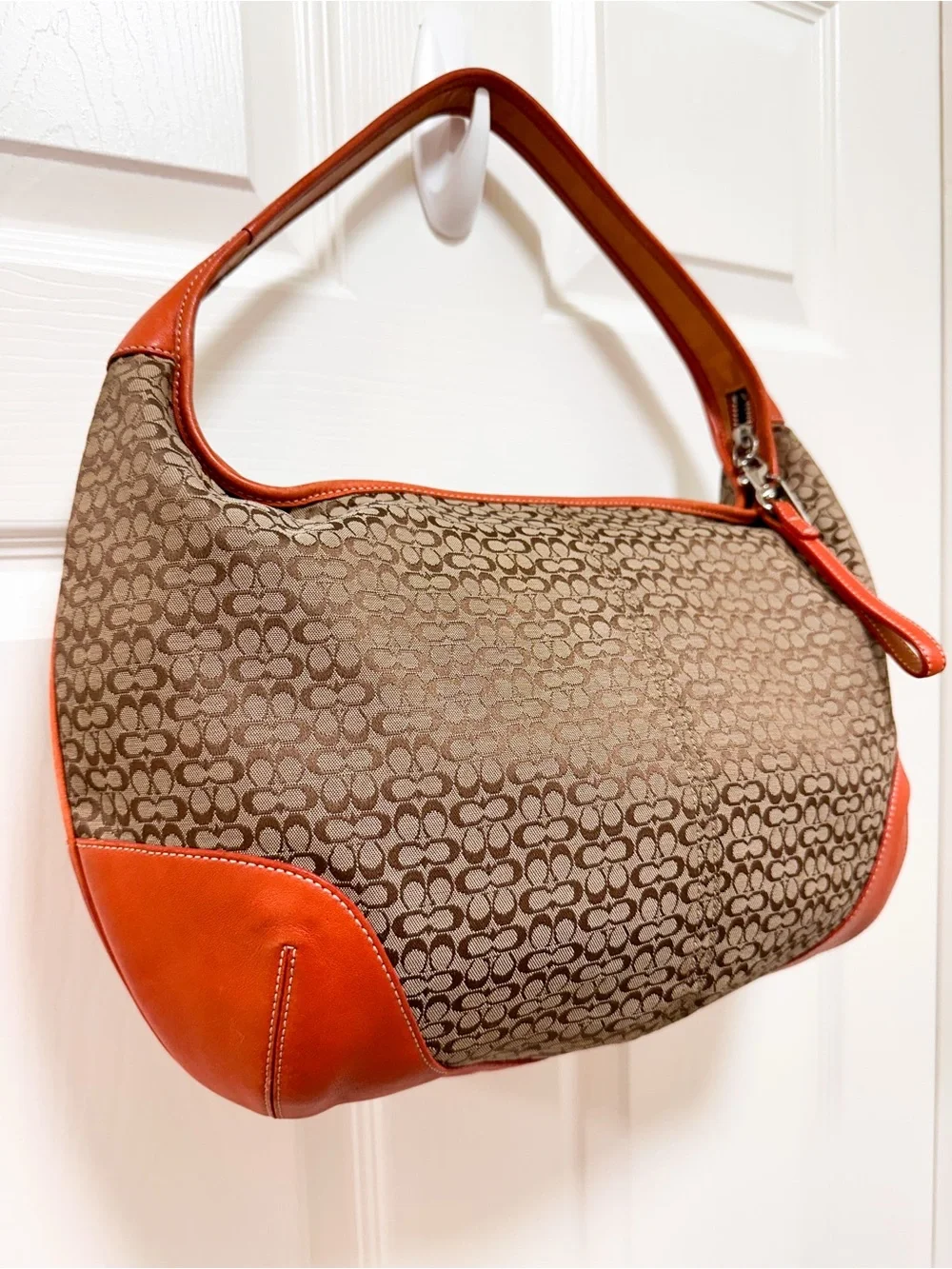 Coach Ergo Large Crescent Hobo Bag Brown Monogram Canvas Orange‎ Leather